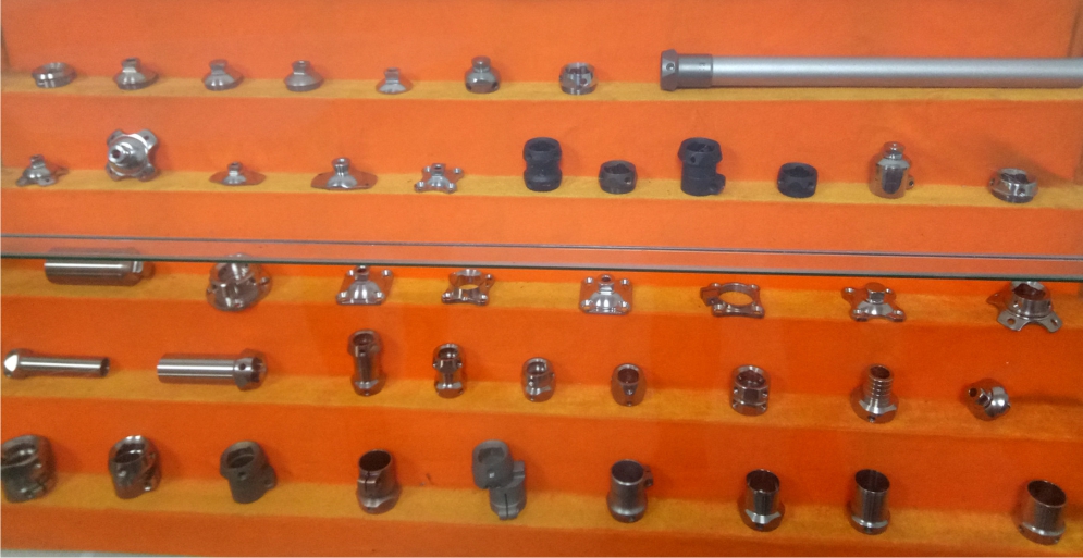 representative prosthetic adapter components display including socket adapters tube adapters and modular prosthetic parts