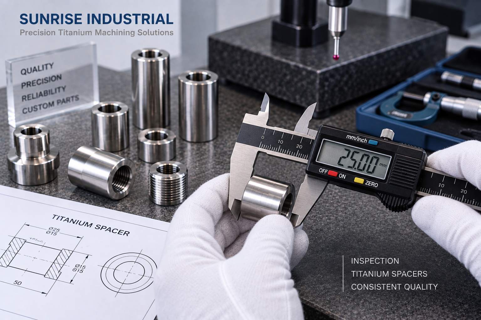 Dimensional inspection of custom CNC machined titanium spacers
